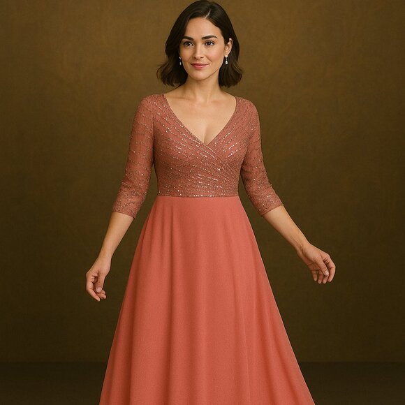 JKara Salmon Pink Coral Sequined Chiffon Layered Evening Gown Dress Size 22W - Picture 1 of 11